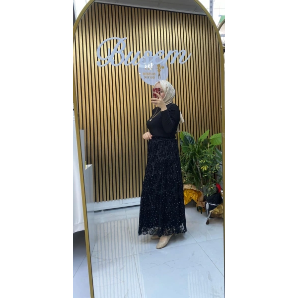 Kadife Taşlı Etek Siyah