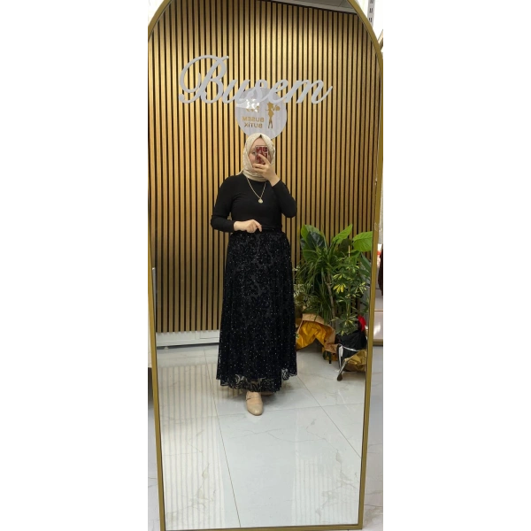 Kadife Taşlı Etek Siyah