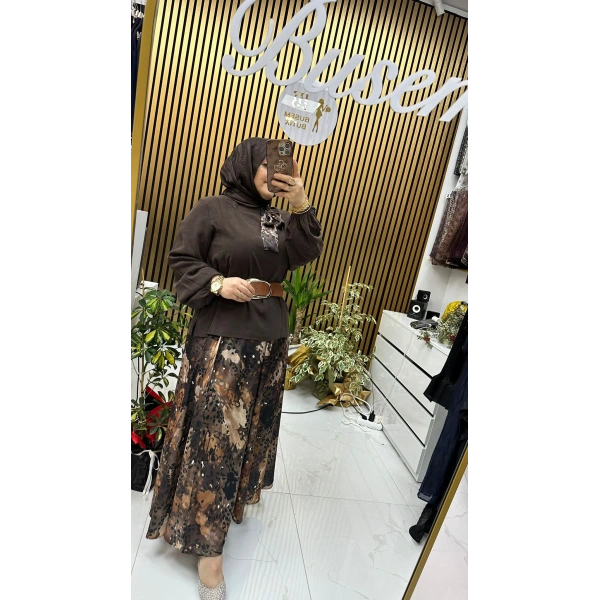 Etnik Desen Etekli Takım Kahverengi