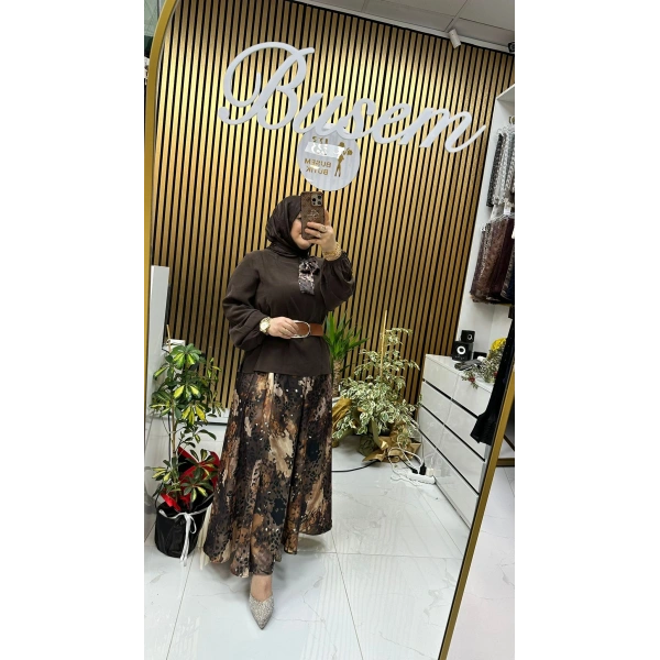 Etnik Desen Etekli Takım Kahverengi