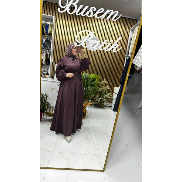 Yaka Detaylı Elbise Mürdüm