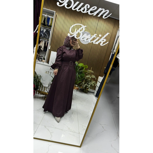 Yaka Detaylı Elbise Mürdüm