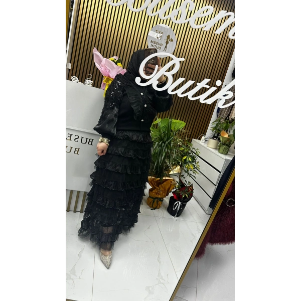 İncili İthal Etek Siyah