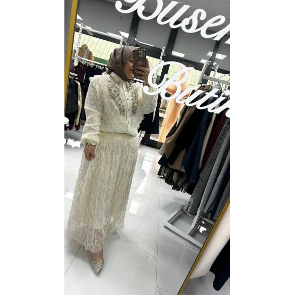 İncili İthal Etek Beyaz