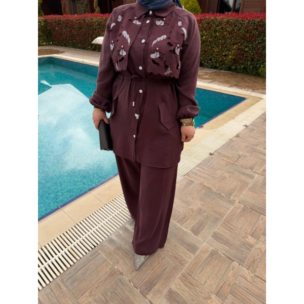 Mihriban Pantolonlu Takım Bordo