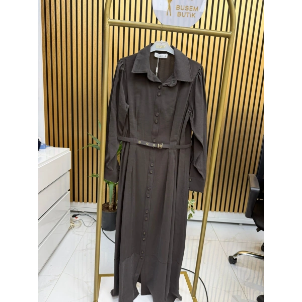 Elegan Luxe Kemer Detaylı Elbise Kahverengi