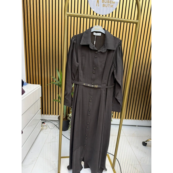 Elegan Luxe Kemer Detaylı Elbise Kahverengi