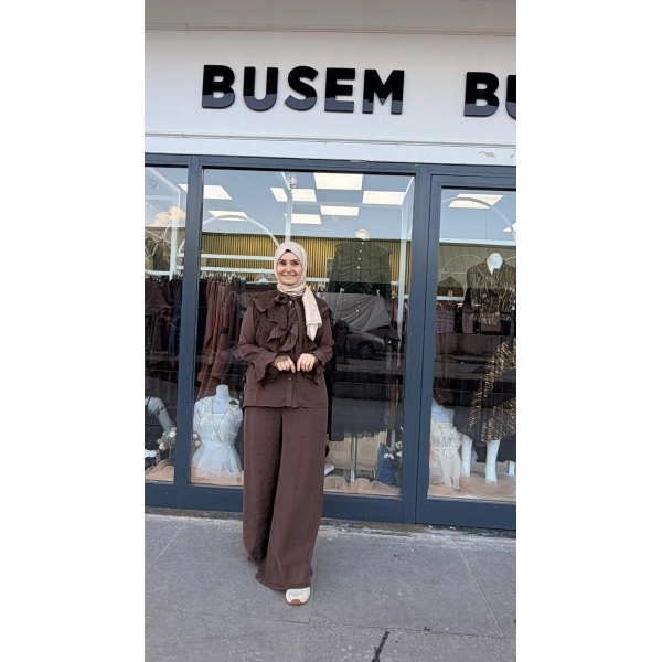 Efsun Pantolonlu Takım Kahverengi