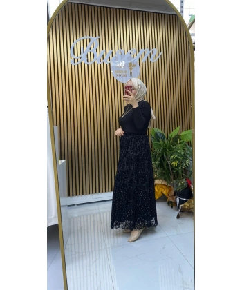 Kadife Taşlı Etek Siyah