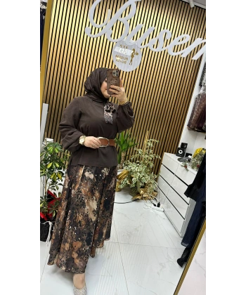 Etnik Desen Etekli Takım Kahverengi