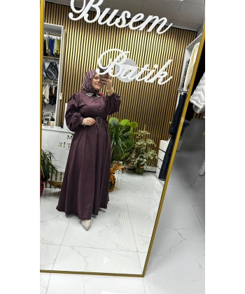 Yaka Detaylı Elbise Mürdüm