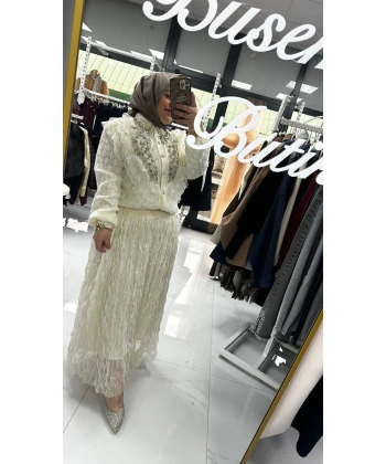 İncili İthal Etek Beyaz