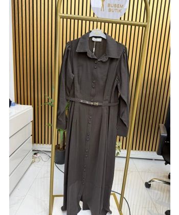 Elegan Luxe Kemer Detaylı Elbise Kahverengi