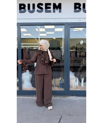 Efsun Pantolonlu Takım Kahverengi