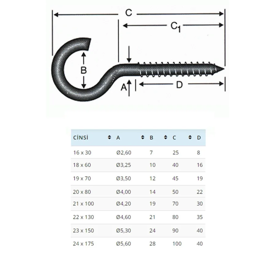 10 Adet Açık Piton Kanca 16x30 Çengel Kancalı Vida