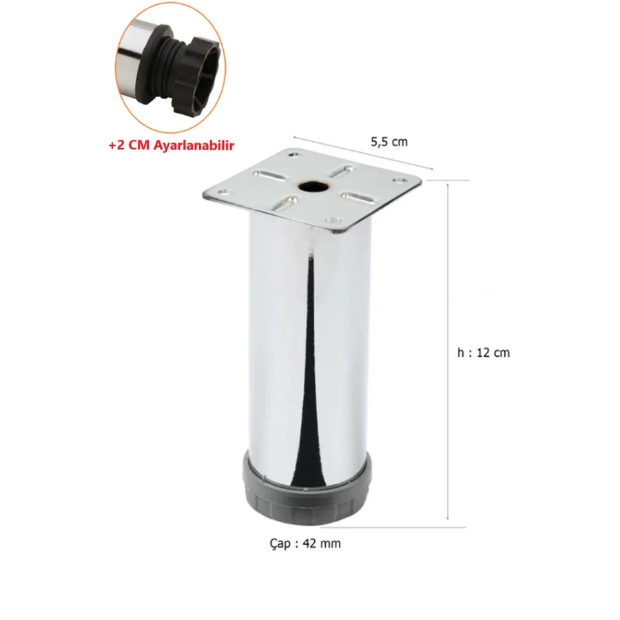 12 Cm Metal Mobilya Kanepe Baza Koltuk Metal Destek Ayağı Ayarlanabilir Krom Ayak 42 Mm