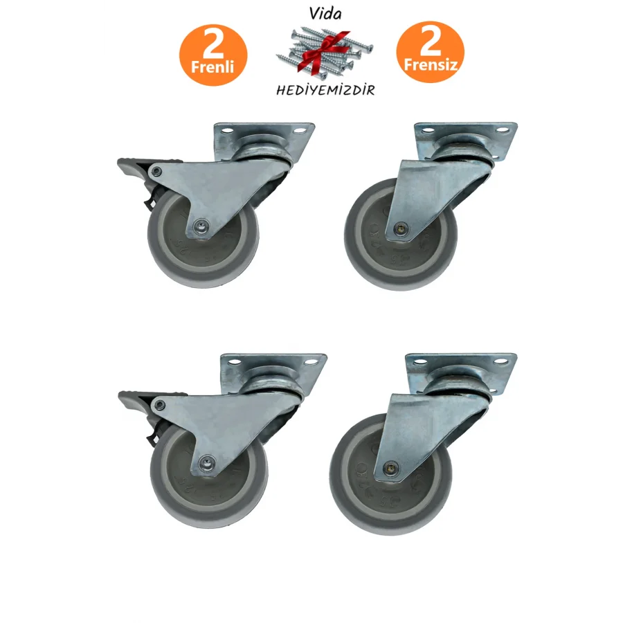 2 Frenli 2 Frensiz 75lik Döner Tablalı Bilyalı Teker Masa Dolap Sehpa Mobilya Tekeri 75x25