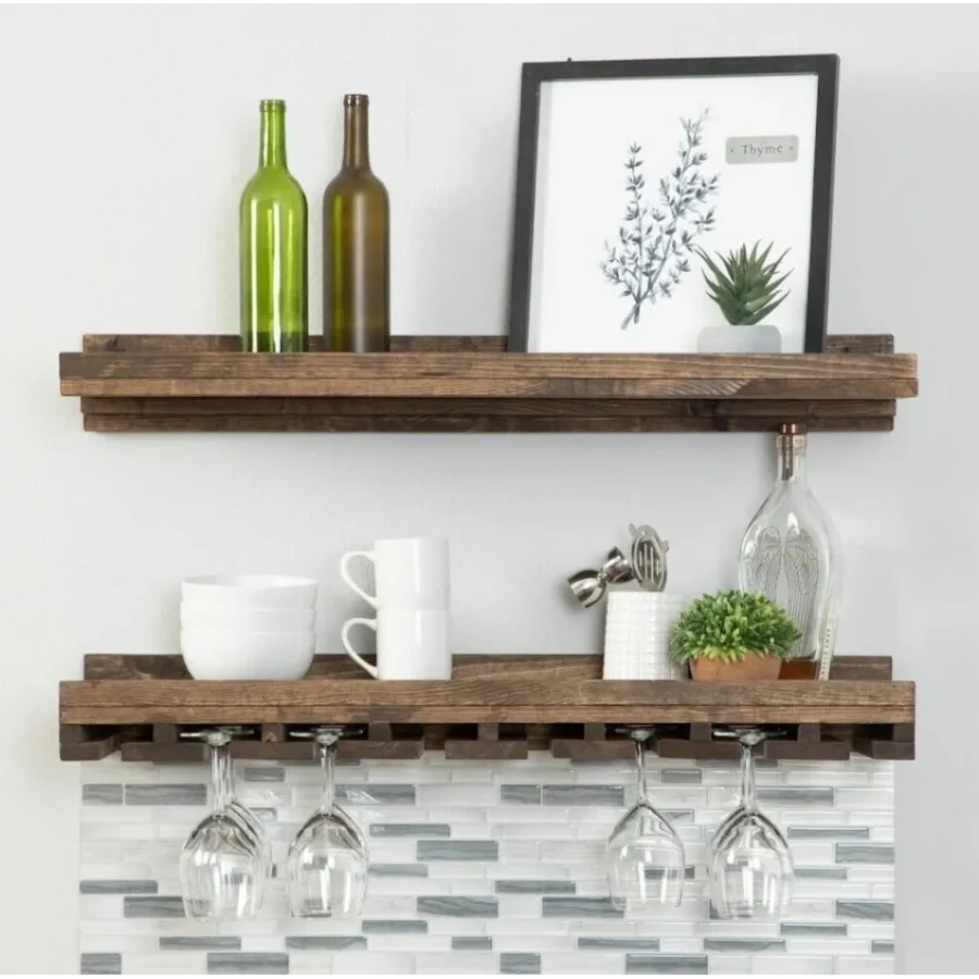 2li Ahşap Şaraplık Duvar Barı Rafı 60x14x20 Cm