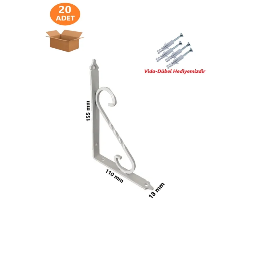 20 Adet 155x110 Beyaz Ferforje Metal Raf Altı L Ayak