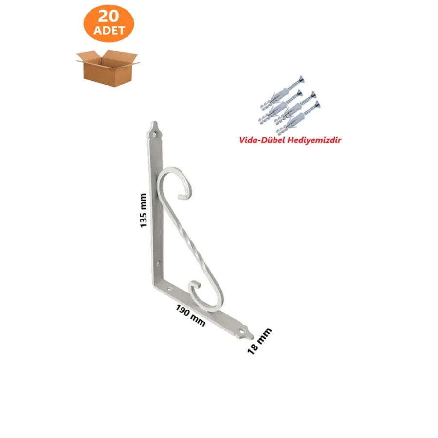 20 Adet 190x135 Beyaz Ferforje Metal Raf Altı L Ayak