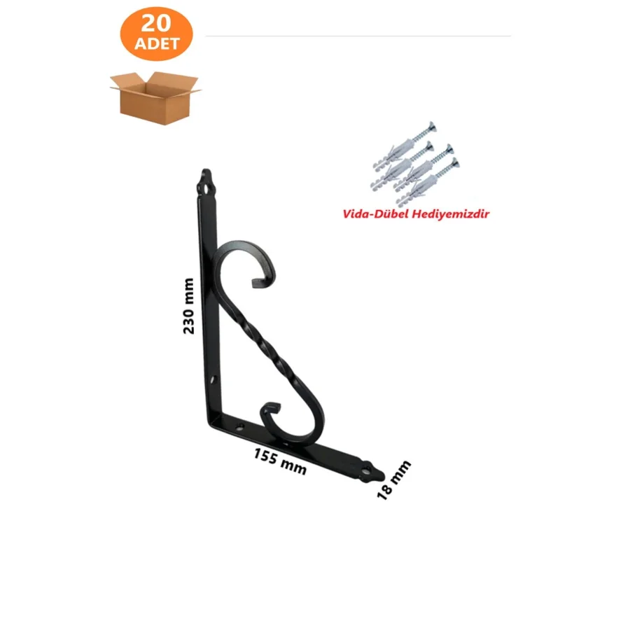 20 Adet 230x155 Siyah Ferforje Metal Raf Altı L Ayak