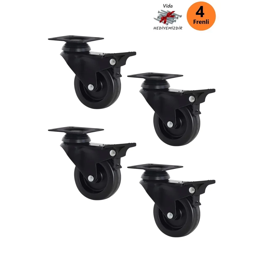 4 Adet 75lik Frenli Döner Tablalı Siyah Teker Bilyalı Mobilya Tekerleği