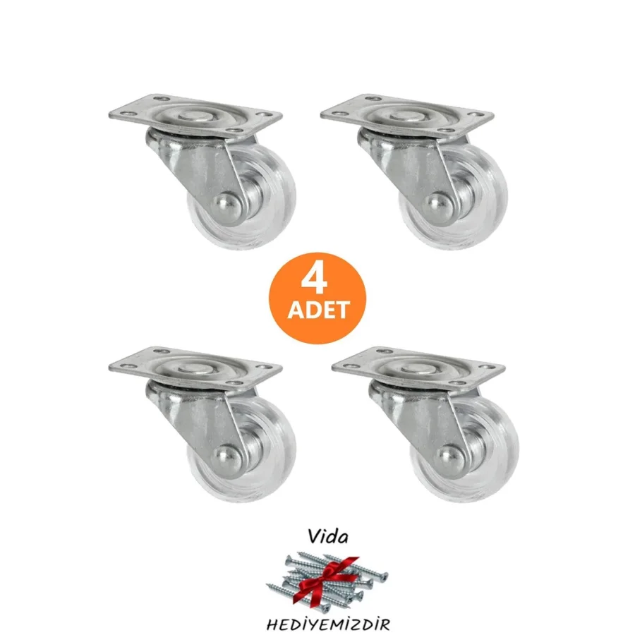 4 Adet Mini Şeffaf Döner Tablalı 30luk Bilyalı Teker Valiz Sehpa Tekeri