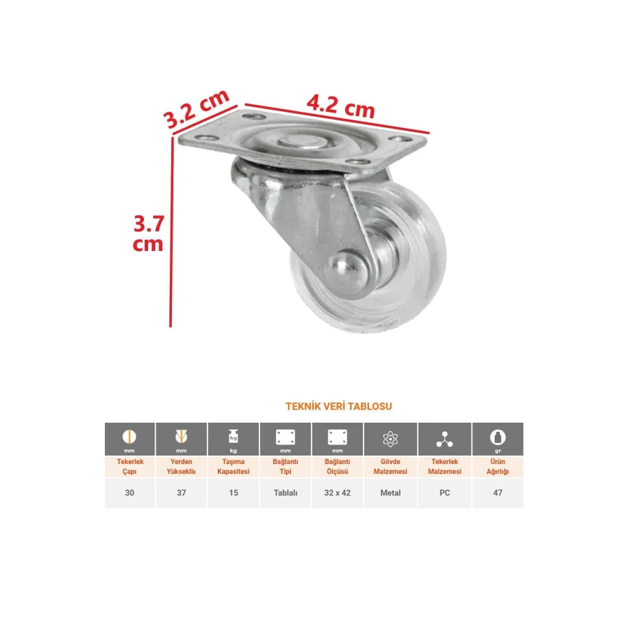 4 Adet Mini Şeffaf Döner Tablalı 30luk Bilyalı Teker Valiz Sehpa Tekeri