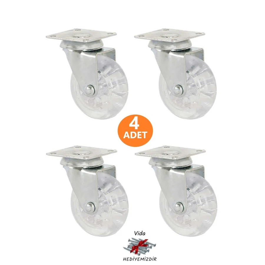 4 Adet Şeffaf Döner Tablalı 50lik Bilyalı Teker Masa Dolap Sehpa Mobilya Tekeri