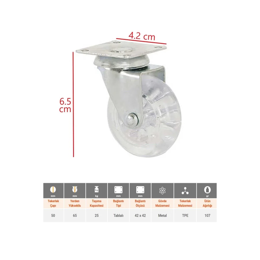 4 Adet Şeffaf Döner Tablalı 50lik Bilyalı Teker Masa Dolap Sehpa Mobilya Tekeri