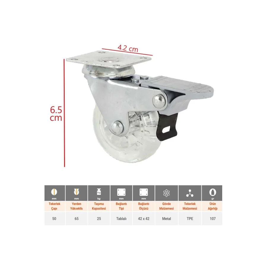 4 Frenli Şeffaf Döner Tablalı 50lik Bilyalı Teker Masa Dolap Sehpa Mobilya Tekeri