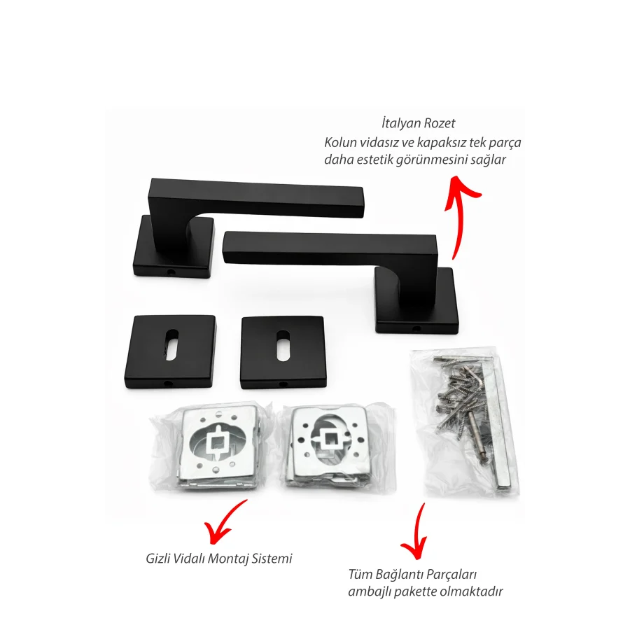 Premium Lama Siyah Rozetli Kapı Kolu Kilit Tam Set