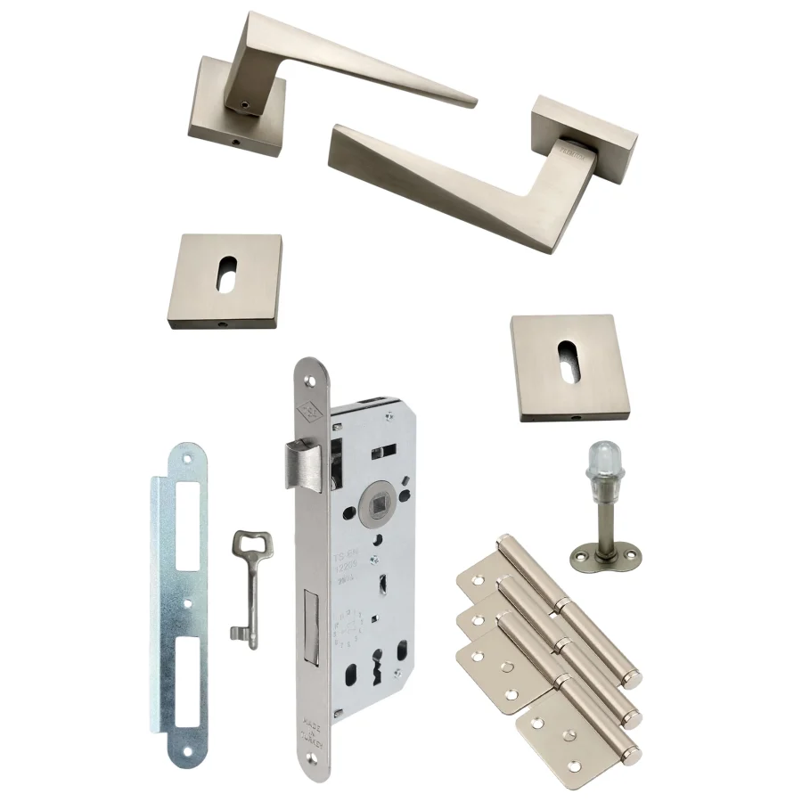 Premium Prizma İnox Rozetli Kapı Kolu Kilit Tam Set