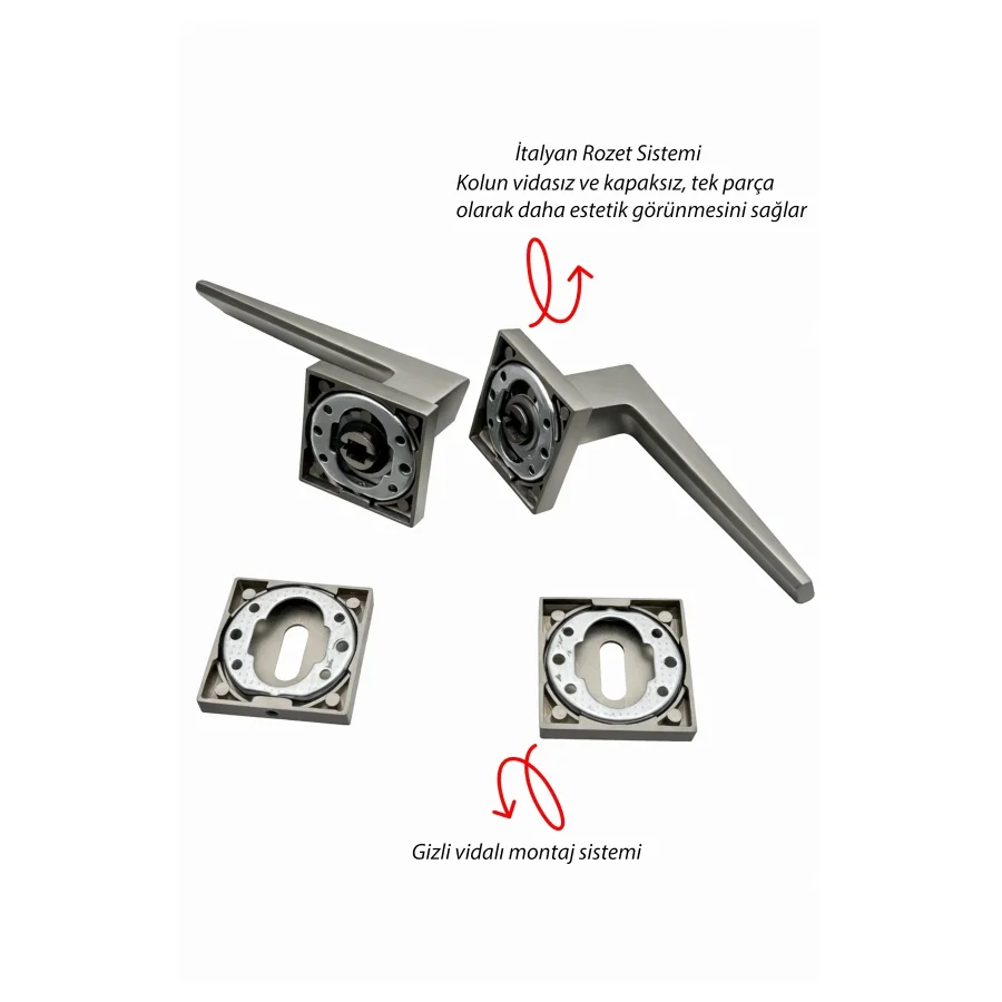 Premium Prizma İnox Rozetli Kapı Kolu Kilit Tam Set
