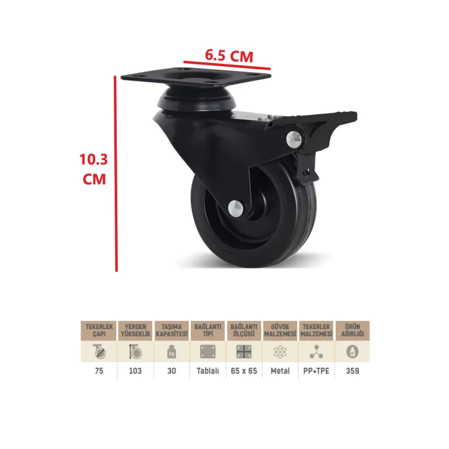 75lik Frenli Döner Tablalı Siyah Teker Bilyalı Mobilya Tekerleği