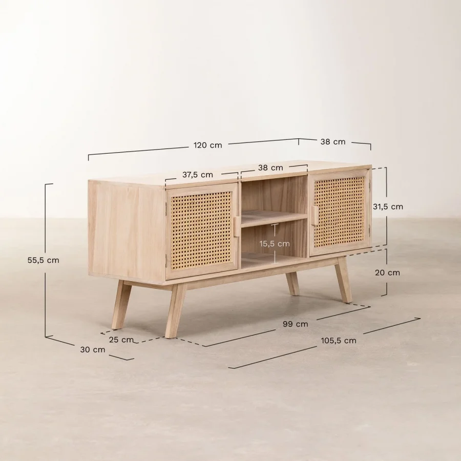 Ahşap Hazeran Detaylı Çift Kapaklı Çok Amaçlı Modern Dolap, Tv Ünitesi 120x55x38 Cm