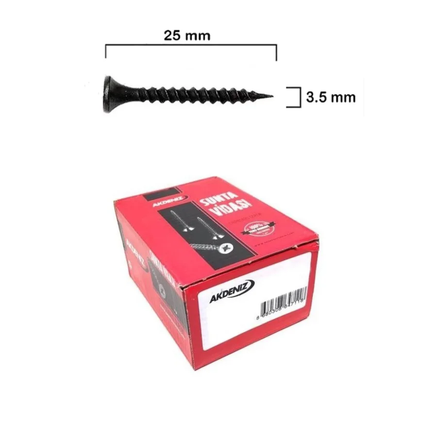Akdeniz 3.5x25 Sivri Uçlu Siyah Alçıpan Vidası Paket 1000 Adet