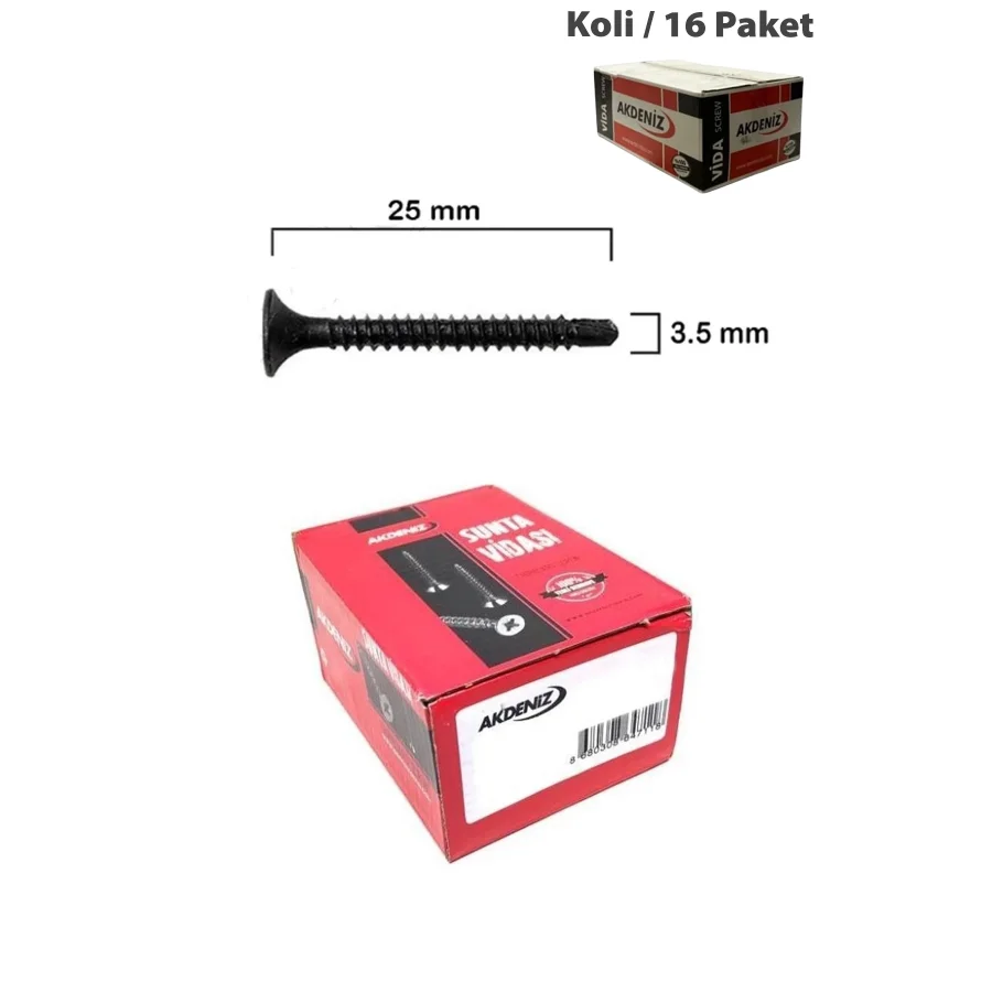 Akdeniz 3.5x25 YHB Matkap Uçlu Siyah Alçıpan Vidası Koli 16 Paket