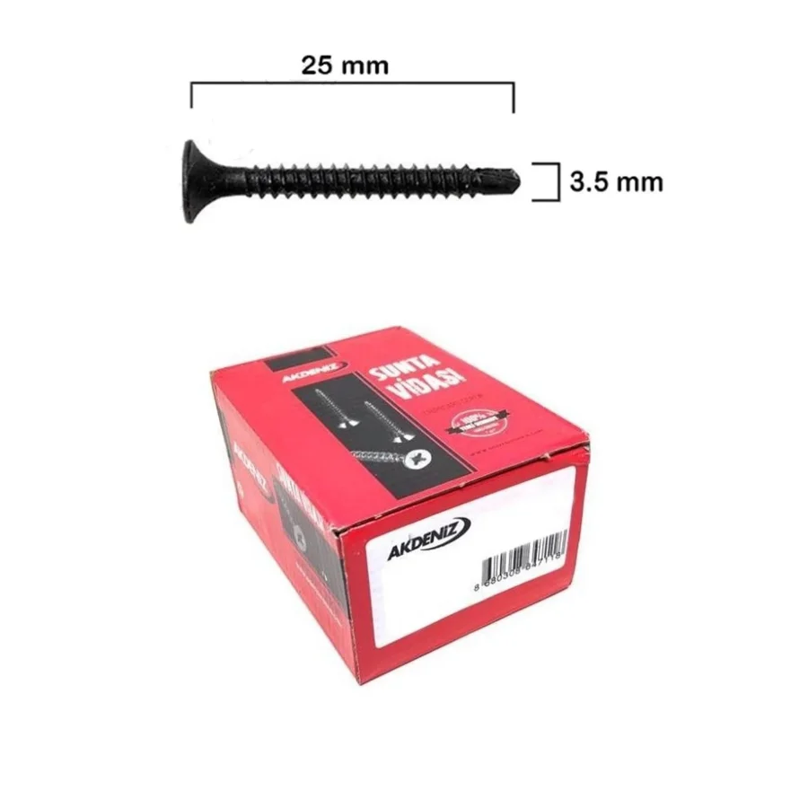Akdeniz 3.5x25 YHB Matkap Uçlu Siyah Alçıpan Vidası Paket 1000 Adet