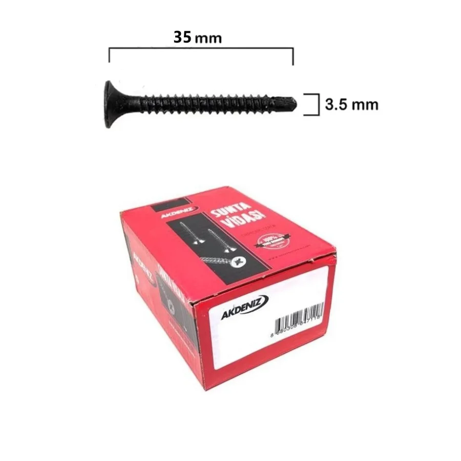 Akdeniz 3.5x35 YHB Matkap Uçlu Siyah Alçıpan Vidası Paket 1000 Adet