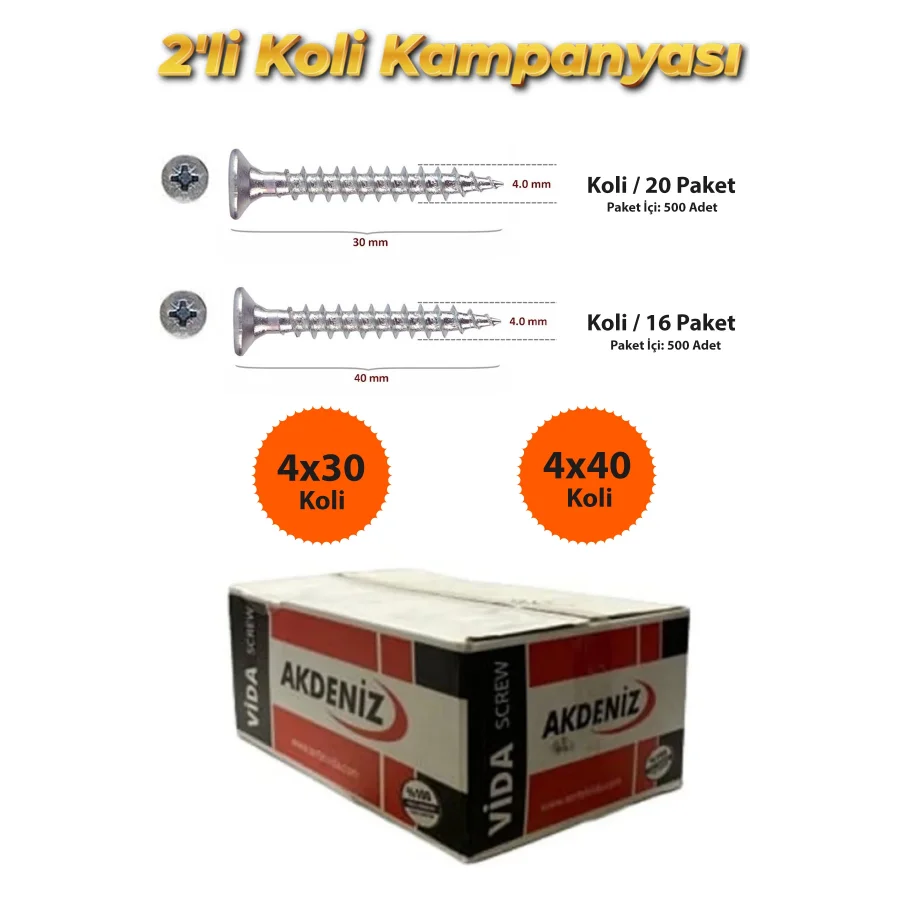 Akdeniz Sunta Vidası 4x30 Koli 20 Paket+ 4x40 Koli 16 Paket