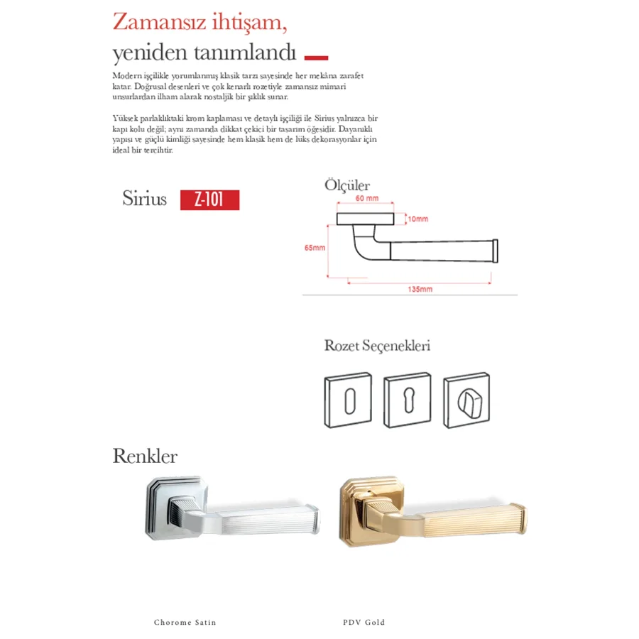 Ala Sirius Krom Saten Rozetli Kapı Kolu Takım