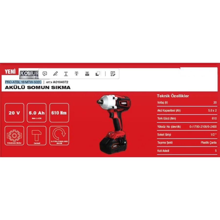 Attlas Pro-Atbl 18 MTW-502C Akülü Somun Sıkma 610 Nm Tork