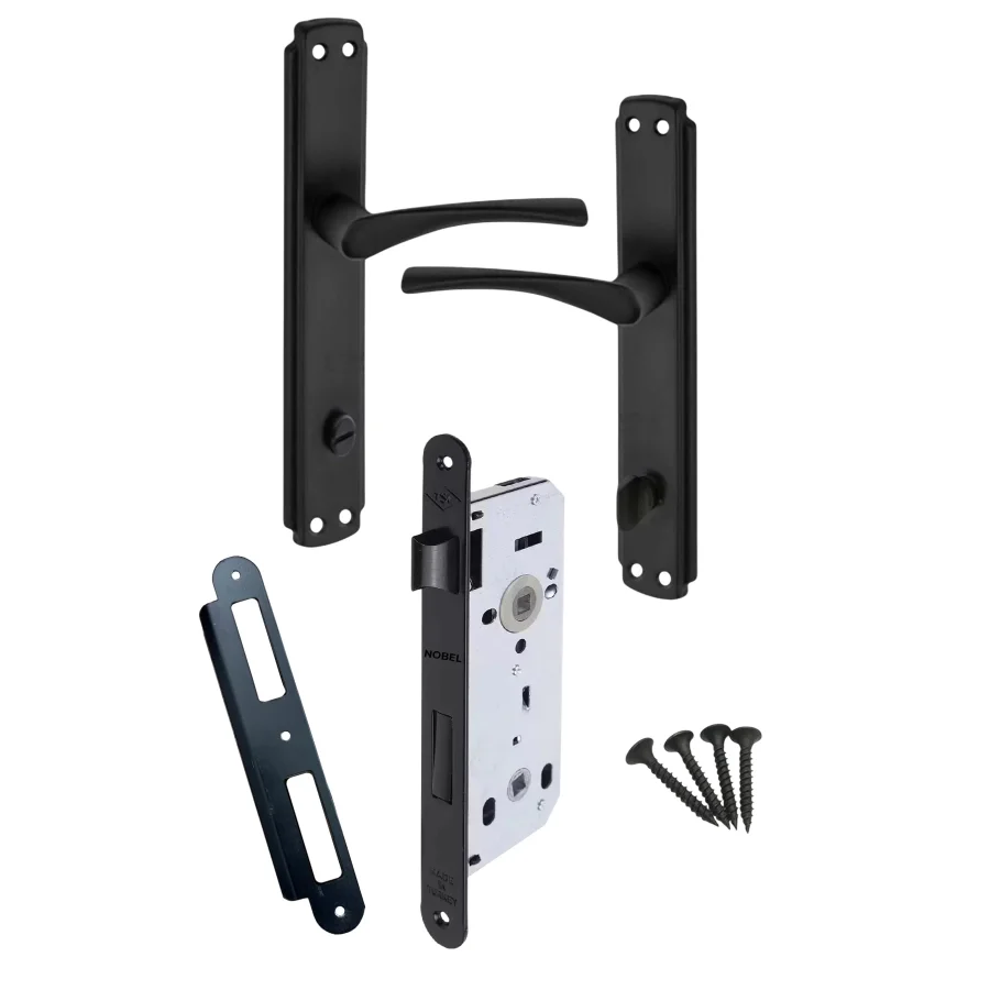 Bravo Mat Siyah Aynalı Kapı Kolu + Siyah Kilit Takım 40mm WC Takım