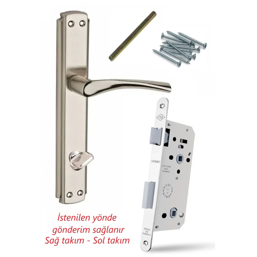 Bravo Nikel Saten WC Kapı Kolu + Sessiz Döndürülebilir Dilli WC Kilit 40-23 Mm Takım