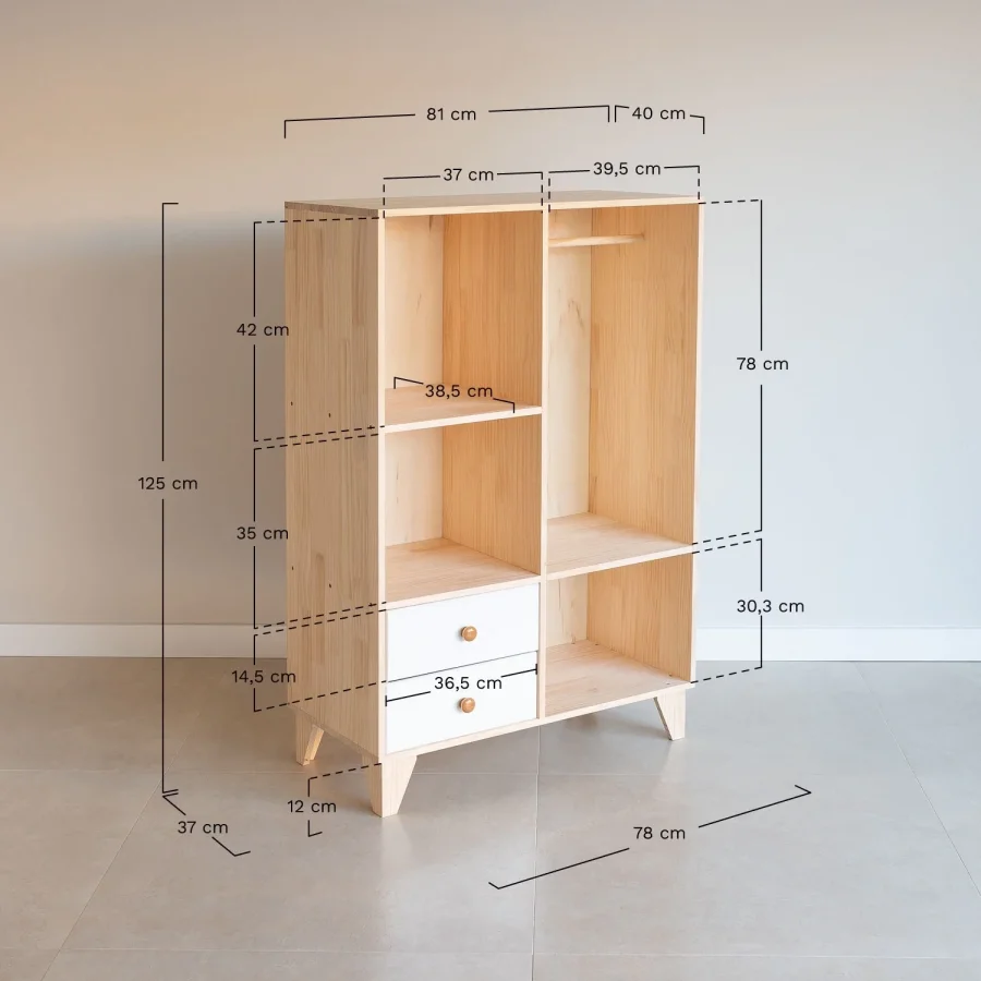 Çift Çekmeceli Açık Raflı Mini Ahşap Gardrop 80x125x40 Cm