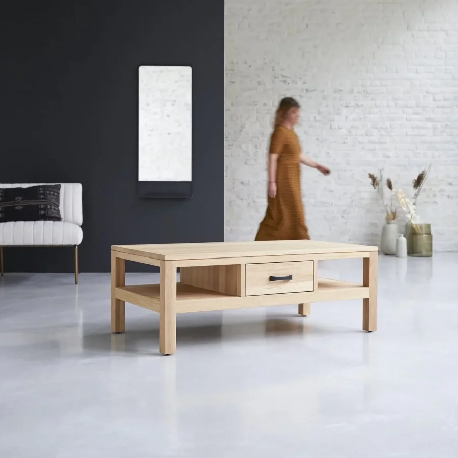 Çift Yön Çekmeceli İskandinav Stil Masif Ahşap Orta Sehpa 110x40x55 Cm