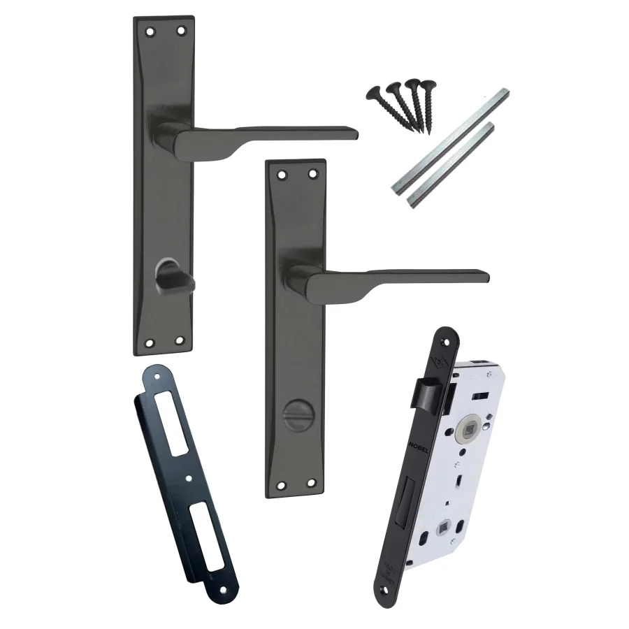 Firuze Siyah Aynalı Kapı Kolu + Siyah Kilit 40mm WC Takım