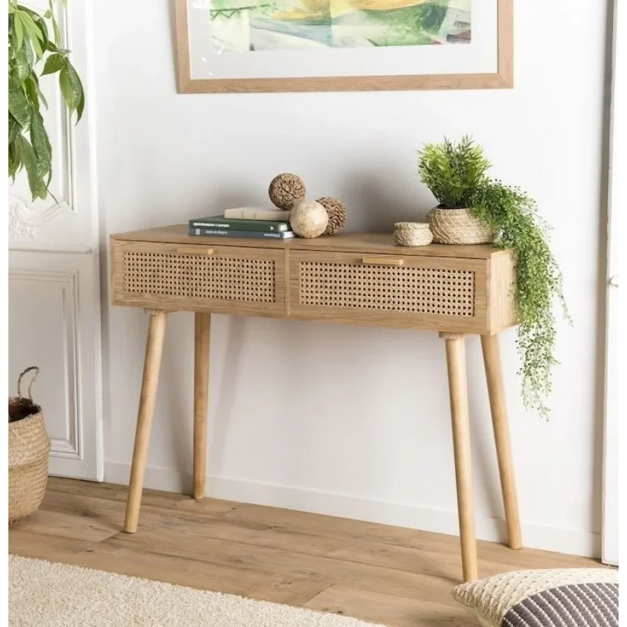 Hasır Desenli Hazeran Çift Çekmeceli Ahşap Dresuar Konsol 100x85x38 Cm