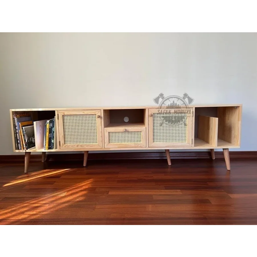 Hazeran Detaylı Kitaplık Bölmeli Ahşap Tv Ünitesi 180x58x38 Cm